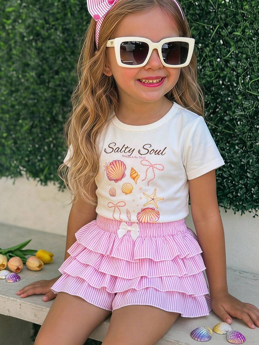 Emery Rose Kids Emery Rose Kids 两件套女童针织纯色贝壳图案圆领休闲T恤和荷叶边短裤套装 - 彩色 - 查看 1
