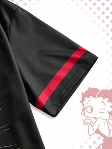 Betty Boop | ROMWE Women's Summer Casual Streetwear Fashion Street Style Daily Commute City Break Holiday Cartoon Character Letter Print V-Neck Short Sleeve T-Shirt - Black - View 5