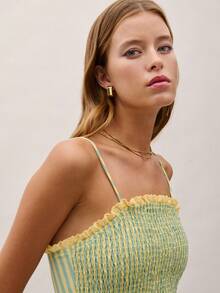 Nöista Gestreiftes Peplum-Top mit geraffter Körpermitte, dehnbare Passform und schmeichelnde Taille, Rüschensaum. Perfekt für sonnige Tage und Urlaubsreisen, für Nächte aus, Festivals, Sommerfeste, Dates, Urlaubsabende, Alltagsoutfit, Urlaub, Frühling, Ostern, Musikfestival, Strandtag. - Grün - Übersicht 6