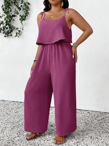 SHEIN Frenchy Đồ liền thân dây mảnh màu trơn họa tiết vân, phong cách thường ngày đi nghỉ mát, size lớn - Màu tím - Xem 5