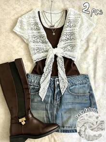 INAWLY French Vintage Lace Tie-Up Short Cover-Up And Slimming Camisole Set - Multicolor - View 6