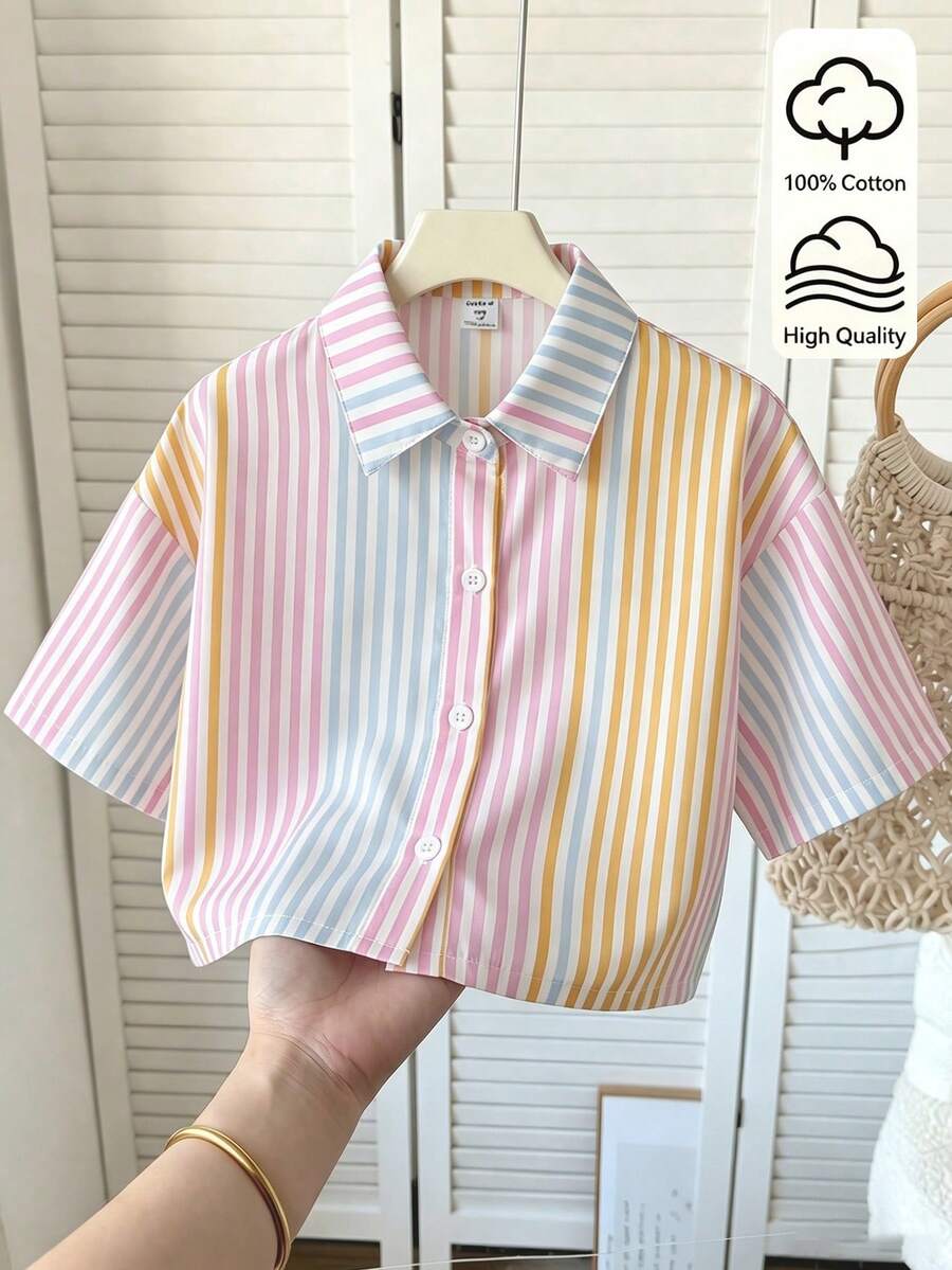 SHEIN 少女彩色條紋休閒短版襯衫,清新校園風百搭翻領短袖上衣,適合夏季出遊與度假 - 彩色 - 查看 1