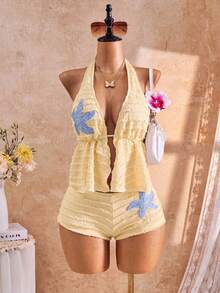 Swim SXY Conjunto de tankini de traje de baño con decoración de estrella de mar, lazo y moño en la parte superior para mujer, de tela especial y estilo casual y dulce - Beis - Ver 3