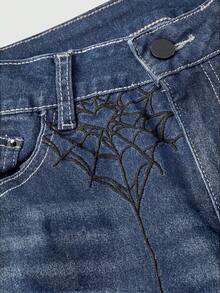 ROMWE Vintage Dark Gothic Spider Web Pattern Embroidered Plus Size Jeans - Blue - View 3