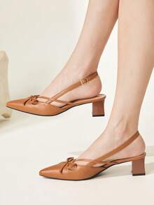 CUCCOO CHICEST Brown Pointed Bow Slingback Thick Heel Sandals, Workplace Commuting Temperament Shoes - List One Brown - View 2