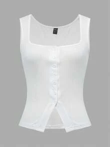 SHEIN Top de punto blanco sin mangas con cuello cuadrado y abertura para mujer, ajustado y diseño sexy, para el verano - Blanco - Ver 6