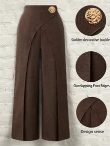 SHEIN PETITE CURVE Plus Size Women's Elegant Commute Layered 2-In-1 Design Metal Buckle Decor Long Pants Spring Summer Party - Coffee Brown - View 1
