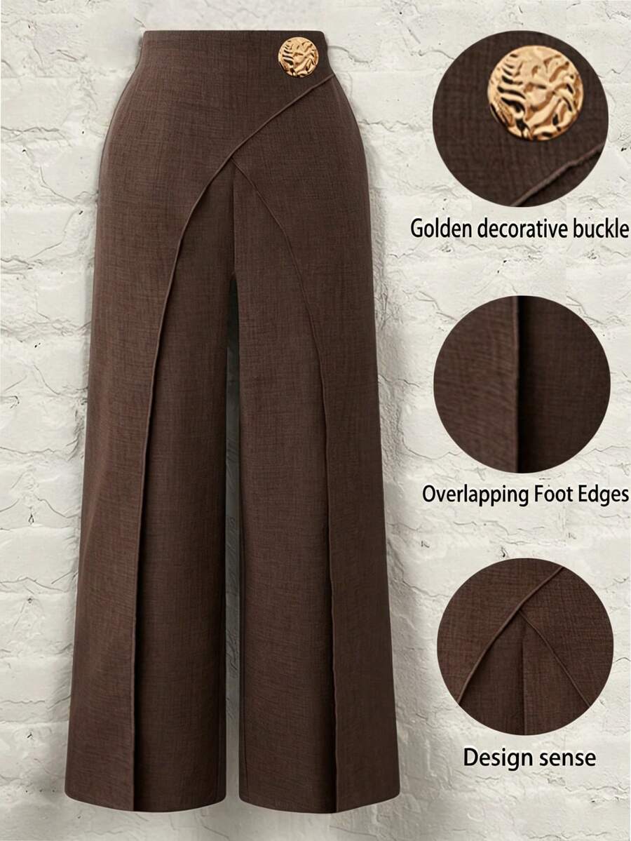 SHEIN PETITE CURVE Plus Size Women's Elegant Commute Layered 2-In-1 Design Metal Buckle Decor Long Pants Spring Summer Party - Coffee Brown - View 1