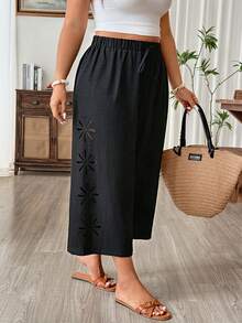 Weeklong Plus Size Summer Casual Elegant Solid Color Textured Hollow Elastic Waist Pants Vacation Black - Black - View 6