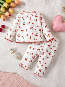 Conjunto de pijama de 2 piezas para recién nacido con patrón de dibujos animados lindo, cuello redondo con volantes, manga corta, tejido de punto, ajuste cómodo (Dos piezas) - Rojo - Ver 2