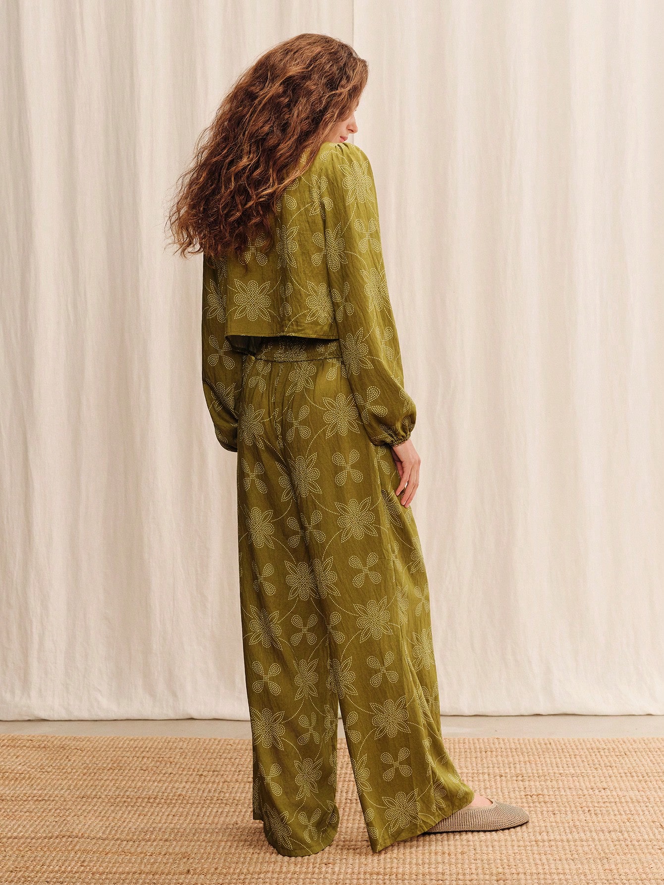 Khaki Green Floral High Waist Wide-Leg Fluid Pants Summer Holiday Casual Resort Pants