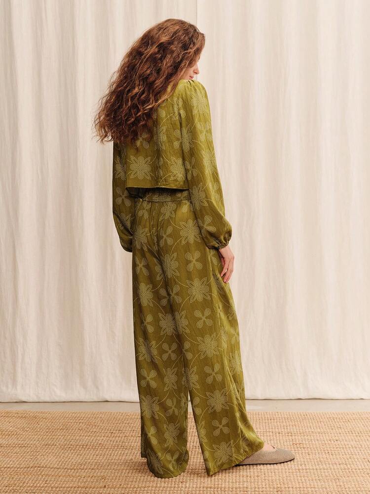 Khaki Green Floral High Waist Wide-Leg Fluid Pants Summer Holiday Casual Resort Pants