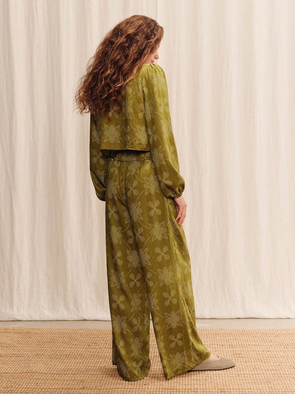 Khaki Green Floral High Waist Wide-Leg Fluid Pants Summer Holiday Casual Resort Pants