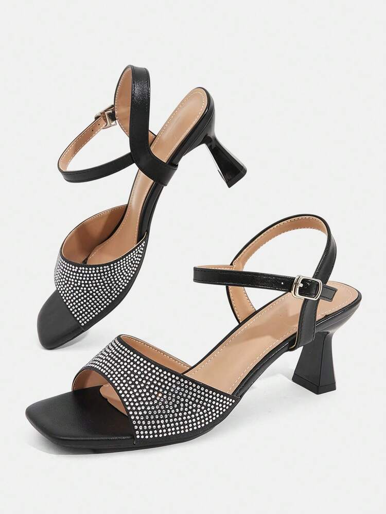 CUCCOO TILAWA Women's Fashion, Women's High-Heeled Sandals, Black, Rhinestones, Glitter Material, Square Toe, Commute, Comfort, Indoor, Office, Street, Party, Travel, Vacation, Spring And Summer, Suitable For Dresses, Jeans, Shorts, Stiletto Slippers