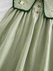 SHEIN Young Girl Pastoral Floral Embroidered Floral Pattern Ruffle Collar Dress, Versatile Floral Pattern Round Neck Ruffle Trim Contrast Color Dress,Girls' Floral Embroidered Dress, Peter Pan Collar, Ruffle Trim, Contrast Color Dress - Mint Green - View 10