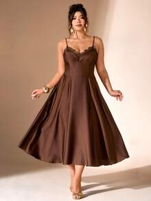 Cravure Plus Size Women's Satin & Contrast Lace Spaghetti Strap Cinched Waist Elegant Formal Dress - Brown - View 6
