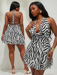 Radiana Women's Black And White Zebra Print Halter Neck Mini Dress With Tiered Ruffles And Open Back Fashionable Party Summer Short Dress - Black and White - View 3