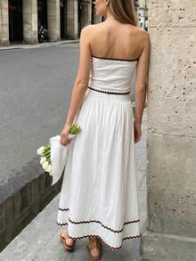 Cévolie 2pcs Women's Elegant Patchwork Contrast Color Bandeau Top And Skirt Set - Beige - View 2