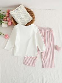 SHEIN Vintaside Kids Baby Girls' 3D Bow Decor Top & Ribbed Pants 2pcs Pajama Set - Multicolor - View 2