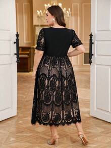 Reflora Plus Size Women's Solid Color Shell Lace Trim Eyelash Lace Short Sleeve Dress Wedding Black Summer Elegant - Black - View 2