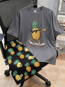 SHEIN 青少年男孩多色漸層圖案休閒寬鬆合身短袖T恤與短褲套裝，舒適睡衣，夏季 - 彩色 - 查看 2