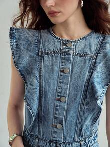 MOTF PREMIUM VESTIDO DE MUJER DE CUELLO REDONDO CON VOLANTES DE LYOCELL Y ALGODÓN DENIM, DE LARGO MEDIO, PARA USO CASUAL Y DE CITA, PRIMAVERA/VERANO - Azul - Ver 2