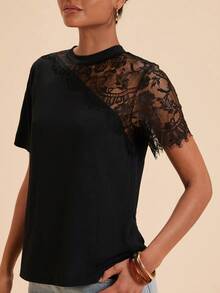 Travachic Women's Summer Casual Lace Patchwork T-Shirt - Black - View 5