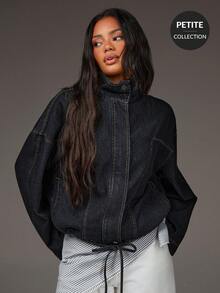 Athîral Denim Petite 女款休閒度假長袖翻領小版牛仔外套，黑色牛仔小號外套，立領寬鬆牛仔外套，抽繩下擺，硬挺面料，大廓形時尚，酷感，機場、戶外、度假多用途外套 - 黑色 - 查看 1