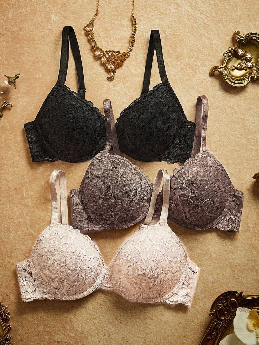 PinupPomp 3pcs/Set Bra Renda Berkawat Wanita, Seksi & Nyaman, Mengangkat dan Menopang - MultiWarna - View 1
