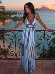 Swim Oasis Printed Deep V-Neck Strap Tie One-Piece Mesh Long Dress Women Swimsuit Set - Multicolor - View 1