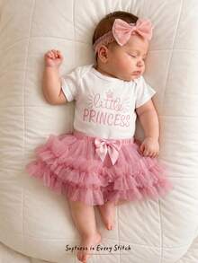 Cozy Pixies Newborn Baby Girl Off-White Summer Cute Photo Shoot 1st Birthday,Wedding,Vacation Outfit,Elegant Bow Letter Knit Romper,Ruffle Mesh Skirt 2-Piece Set - Pink - View 15
