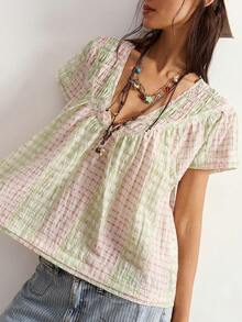 Bohemela Casual Boho Woven Plaid Women's Shirt Vacation Pink And White Striped Summer - Multicolor - View 6