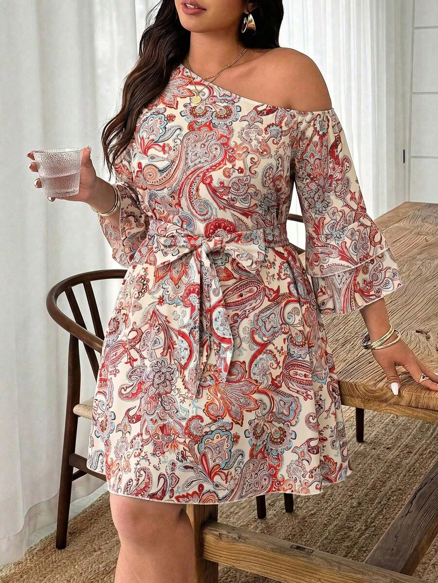 Weeklong Plus Size Women's Spring/Summer Asymmetric Neckline Cold-Shoulder Bohemian Print Ruffle Sleeve Button Waist Belt Tie A-Line Short Dress Fall - Multicolor - View 1