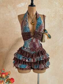 Soleia Romper Wanita Motif Hewan dengan Patchwork Renda, Tanpa Punggung, dan Leher Halter - MultiWarna - View 4