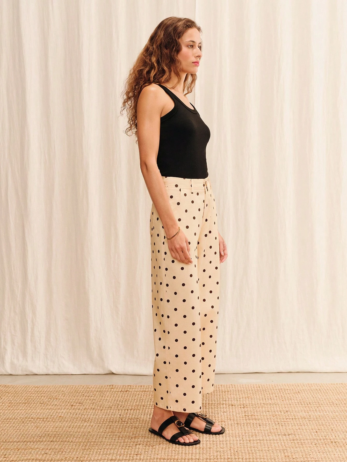 Cream Polka Dot Ankle Lenghth Wide-Leg Pants Summer Cute Pants Holiday Work French Style