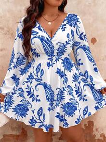 EMERY ROSE Plus Size Women's Spring/Autumn Beach Vacation Style Paisley Print Deep Shirred Flared Sleeve Shirred Waist Dress Fall - Blue and White - View 6