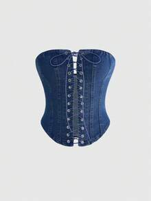 ROMWE Y2K Millennium Vintage Distressed Music Festival Sexy Lace-Up Bandeau Denim Top Swimming Pastal - Blue - View 1