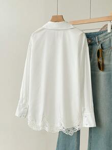 Comfortcana Elegant Women's Spring/Summer Breathable Lightweight White Button Down Blouse Versatile Crochet Lace Hem Long Sleeve Shirt For Office & Date - White - View 2