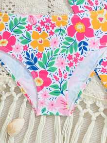 Young Girls 2-Piece Swimsuit, Random Print/Ruffle Hem/3 Pieces Set - Pink - View 3