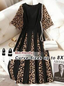 SHEIN CURVE+ Plus Size Women's Elegant Chiffon Patchwork Leopard Print Long Sleeve Waist Cinched Dress, Suitable For Spring And Autumn - Multicolor - View 11