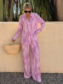 Livesso 2pcs Women's Spring Vacation Tie-Dye Collar Shirt And Casual Pants Set - Pink - View 4