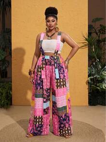 Maweii Plus Size Women Retro Patchwork Print Jumpsuit Fall - Pink - View 5