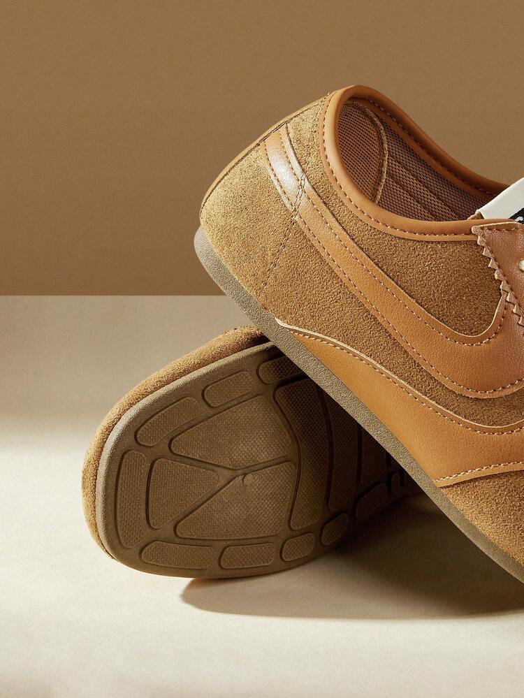 CUCCOO EASI Retro College Style Brown German Training Shoes, Low-Top Round Head Soft-Soled Casual Board Shoes, Leather Splicing Design, Korean Versatile Flat-Heel