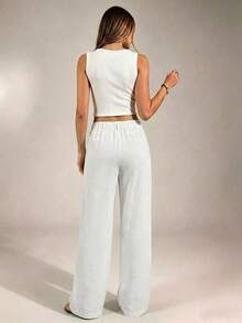 SHEIN PETITE CURVE 大码休闲纯色直筒裤 - 白色 - 查看 6