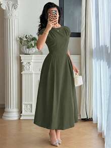 Modelyn 女款圓領蝙蝠袖素色A字長洋裝 - 軍綠色 - 查看 6