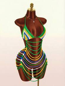 Amplova Crochet Bikini Cover Up, Sleeveless Colorblock Vibrant Sexy Shawl For Women - Multicolor - View 10