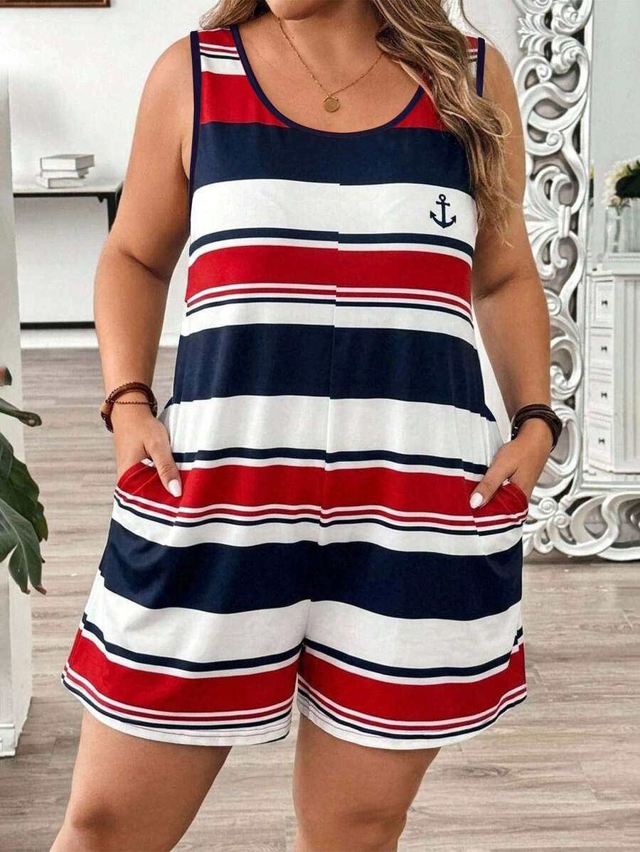 EMERY ROSE Plus Size Women's Summer Vacation Style Red Blue White Color Block Striped Pattern Round Neck Casual Jumpsuit With Pockets For Travel Daily Wear Beach