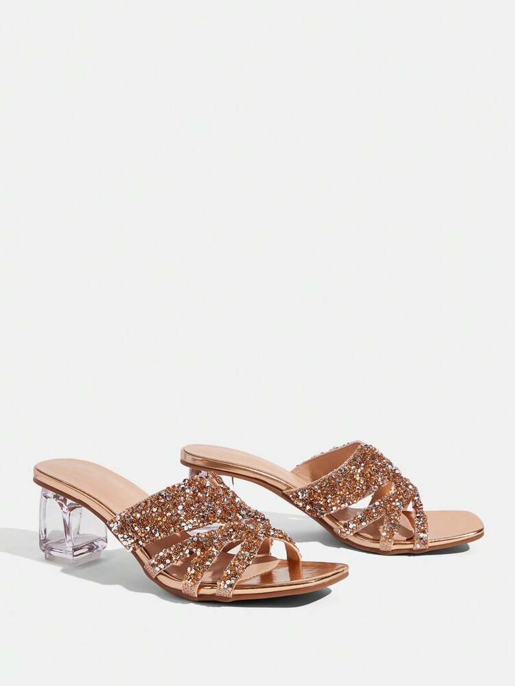 CUCCOO TILAWA Stylish And Transparent Special-Shaped Thick-Heeled Women's Glass Rhinestone Sandals, One-Pedal, Square-Headed Glossy Strap High-Heeled Sandals, Comfortable-Heeled Banquet Daily Women's Sandals