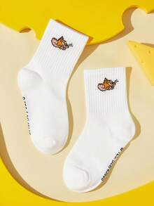 TOM & JERRY X SHEIN 2雙純棉可愛卡通貓鼠圖案兒童中筒襪，男女童通用，腳跟加強耐磨，四季皆可穿 - 白色 - 查看 4
