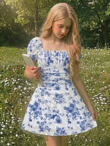 SHEIN Vestido versátil con estampado floral y volantes para adolescente, adecuado para vacaciones/estilo retro/ - Azul y blanco - Ver 3